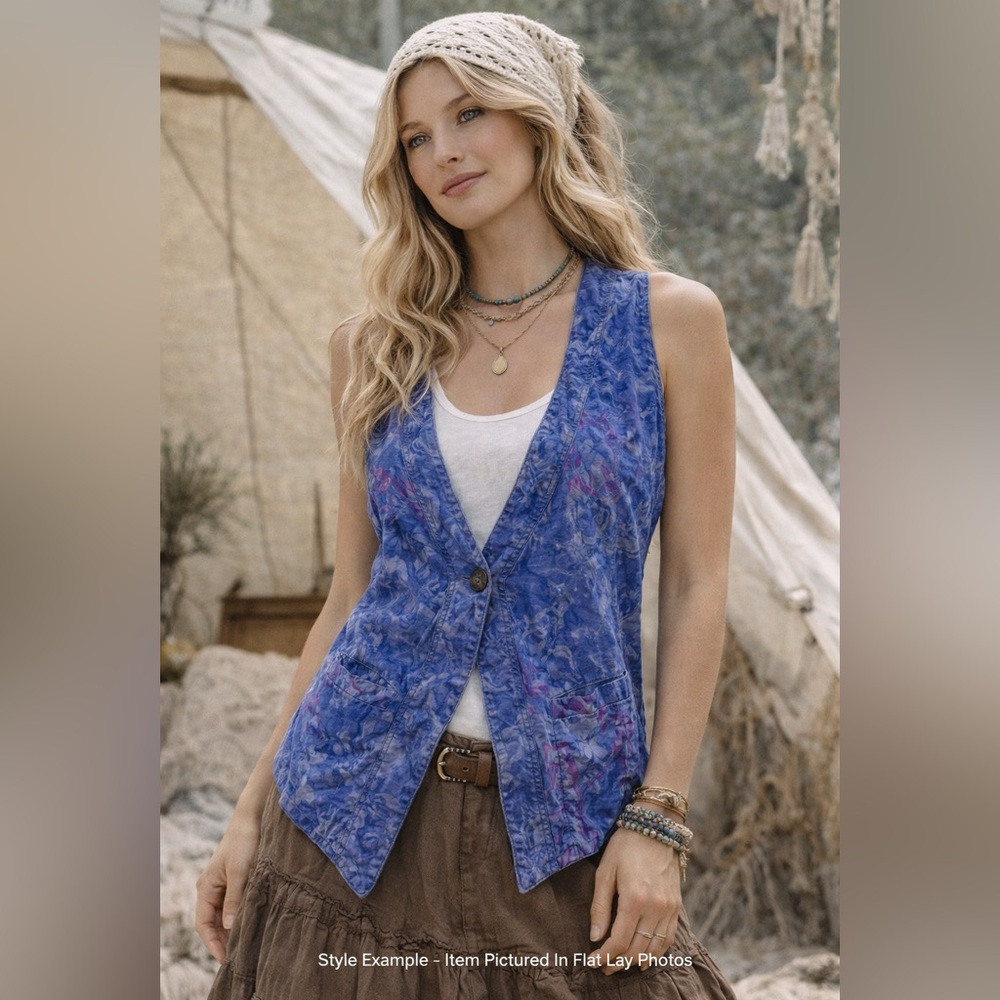 Vintage Terra Luna Blue Batik Vest Boho Indie Lightweight Medium